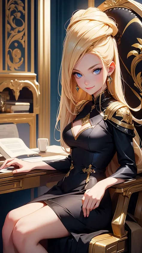 1 girl, blonde with blue eyes, in a black and gold expensive dress, sitting in an expensive chair in his office, one leg crossed over the other, leans on the armrest, crazy smile. medieval fantasy