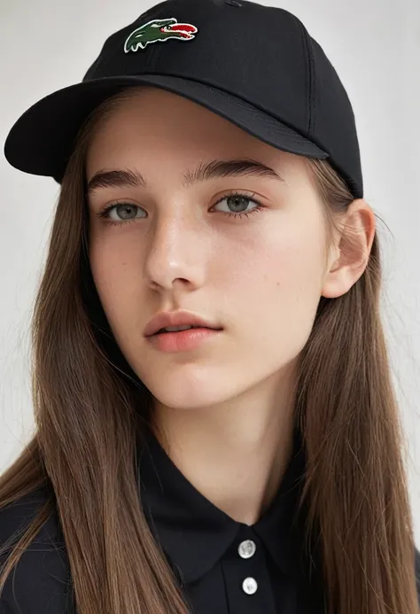 A 19-year-old teenager with long hair and a black Lacoste cap,a loose blouse and loose pants and a little line on the eyebrow,of lesbian sexuality 