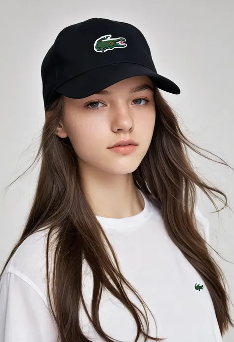 A 19-year-old teenager with long hair and a black Lacoste cap,a loose blouse and loose pants and a little line on the eyebrow,of lesbian sexuality 