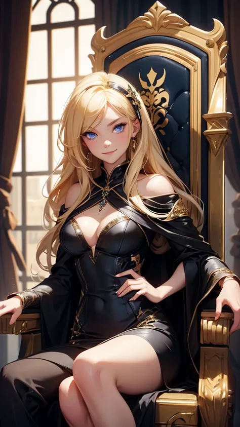 1 girl, blonde with blue eyes, in a black and gold expensive dress, sitting in an expensive chair in his office, one leg crossed over the other, leans on the armrest, crazy smile. medieval fantasy