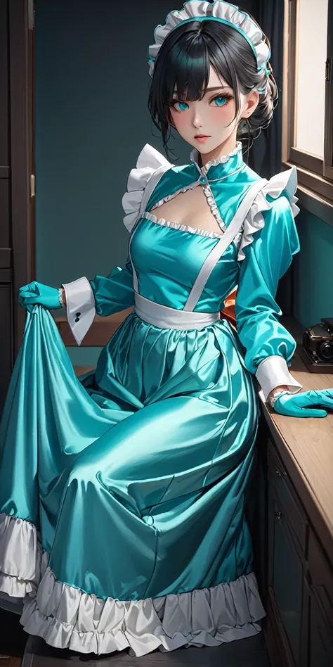 Portraiture、(masterpiece,Highest quality,Ultra-high resolution),Japanese women, (((Very beautiful 25 year old girl))),(Turquoise satin maid outfit)、(Turquoise satin long skirt)、(A long-sleeved turquoise satin shirt that covers the upper body)、Turquoise glo...