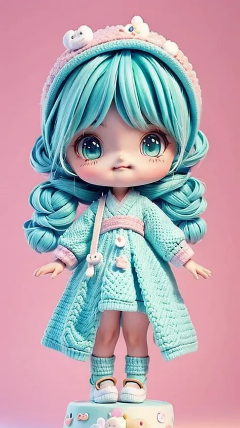 A chibi character in kawaii style Character Details cute  Japanese anime style Hair: Curto e featuring tom de ruivo, featuring um laço ou acessório fofo pequeno.
badass clothing: A light pink knitted outfit or something crocheted, featuringo um suéter fofi...