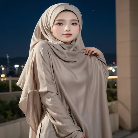 (a beautiful Japanese girl wearing a long hijab standing outdoors at night, highly detailed, realistic, 16k, masterpiece, high resolution, fit body, perfect eyes, pale skin, fair skin, perfect skin, outdoor, night time, night sky, low light, darkness, dark...