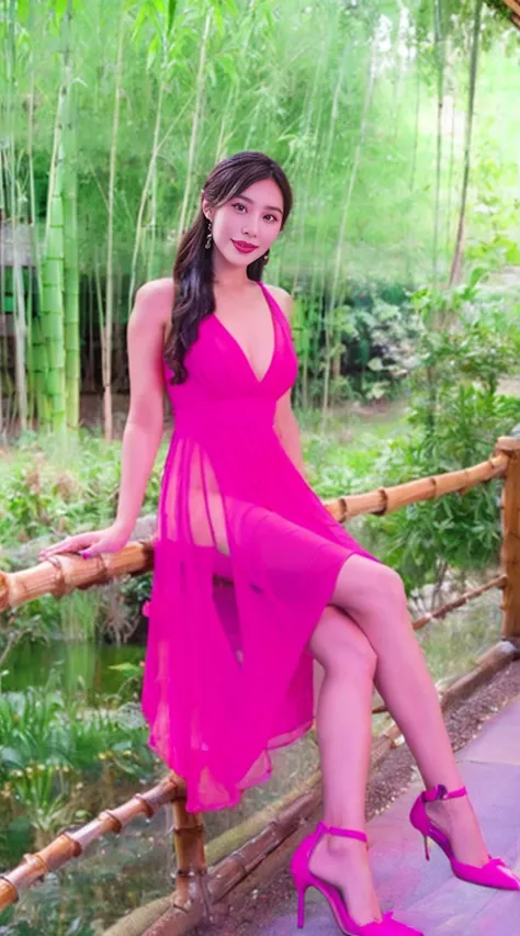 (best quality,4k,8k,highres,masterpiece:1.3),ultra-detailed,(realistic,photorealistic,photo-realistic:1.37),3 beautiful young women in a lush bamboo forest,long flowing chiffon transparent dresses,elegant high heels,sensual lesbian lovers,soft natural ligh...