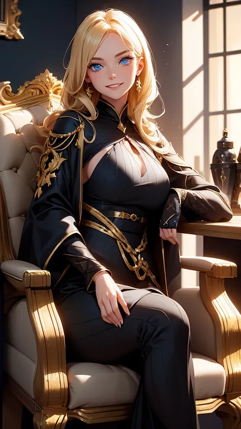 1 girl, blonde with blue eyes, in a black and gold expensive dress, sitting in an expensive chair in his office, leans on the armrest, crazy smile. medieval fantasy