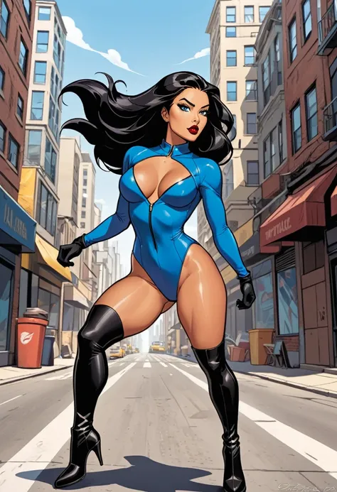 In the style of a Saturday morning cartoon, flat colors style, bold sharp lines, cell shading. a action scene with A (((tan skinned woman))) long flowing black hair, curvy body, athletic body, thic thighs, wide hips, large , (((tanned skin))), ((Highest qu...