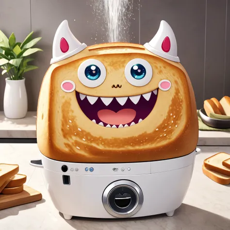 A cute washing machine monster with a smiling face and happy eyes, toast bread until it&#39;s perfect golden brown with a cheerful twist. The character is designed in the style of Pixar animation, featuring a bright and fun design, making breakfast delicio...