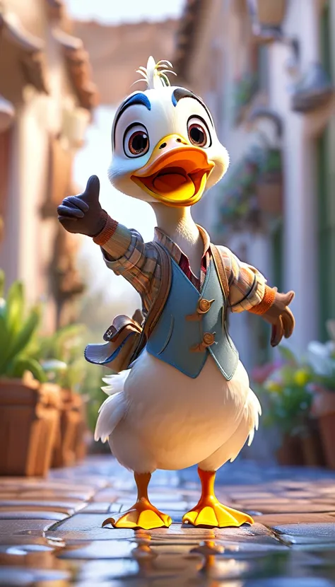 cute male duck, cartoon , arms, hands ,cute eyes, looking at viewer, arms up, cute clothes, flawless, white background, close