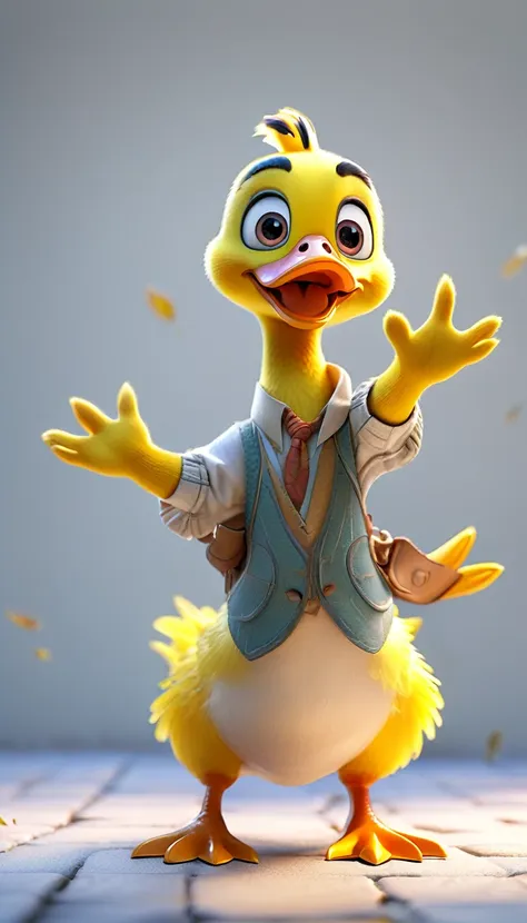 cute male duck, cartoon , arms, hands ,cute eyes, looking at viewer, arms up, cute clothes, flawless, white background, close