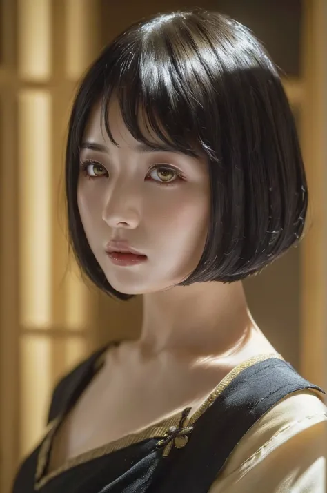 (masterpiece, best quality, beautiful quality, photorealistic, detailed lighting, extremely detailed skin, extremely detailed hair, shadows, 8k, a picture of a woman, black hair, bob cut, yellow eyes, upper body, 1girl, fcPortrait:1.2), Bob cut, Intricate ...