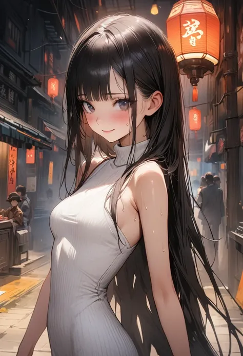 ((masterpiece,Highest quality:1.3,best quality illustration)),realistic,cowboy shot,独奏,1woman,(18 year old beauty),black hair,long hair,bangs,black eyes,gorgeous big eyes,((very small head:1.3)),shy,smile,((very long body:1.2,skinny)),medium breasts,(White...