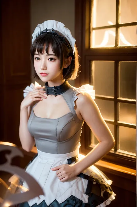 A young girl in realistic photo of high quality and detail, movie style, Ellen Joe (Zenless Zone Zero), a young girl with short black hair with red tips at the ends. She also has red eyes and makeup. She is wearing a maid costume, nylon tights and high-hee...