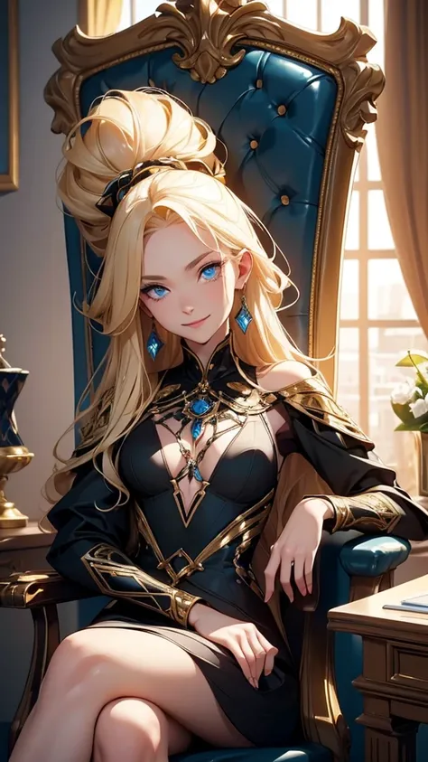 1 skinny girl, blonde with blue eyes, in a black and gold expensive dress, sitting in an expensive symmetrical chair in his office, leans on the armrest, crazy smile. medieval fantasy