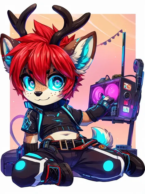 one cute anthro, fluffy red deer boy, (red fur), bright red hair with black highlights, glowing cyan eyes, tecnologycal, android deer, glowing cyan and black lights running over his body, glowing cyan fawn spots, glowing cyan freckles, deer hooves, deer ta...