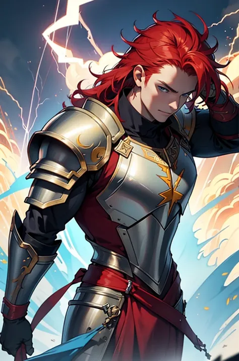 Make a red-haired king, wearing blue armor with yellow details, a lightning symbol on the armor&#39;s breastplate, using a yellow sword with lightning