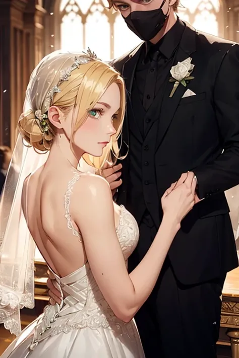 ((Best Quality)), ((Masterpiece)), (detailed)) A beautiful woman with blonde hair, blue eyes, serious countenance, dressed in a beautiful wedding dress, a beautiful wedding veil covers her face, Next to him is a slightly muscular man, Brown hair, green eye...