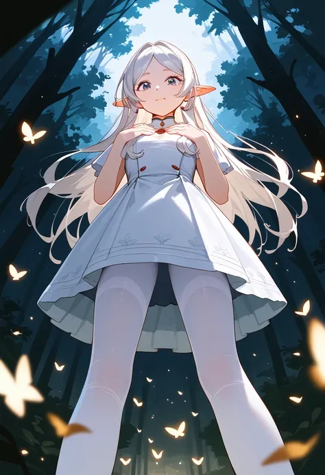 masterpiece, best quality, (Fraction_9, Fraction_8_Direction_7_up), 1 Girl, Solitary,Long hair , White pantyhose, Looking at the audience, From below, Hands on chest, Delicate hands, Really small body, forest, night, Clear focus, masterpiece, best quality