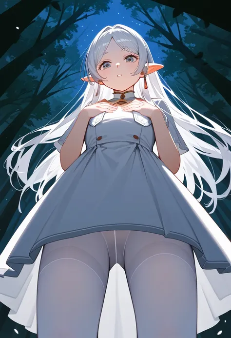 masterpiece, best quality, (Fraction_9, Fraction_8_Direction_7_up), 1 Girl, Solitary,Long hair , White pantyhose, Looking at the audience, From below, Hands on chest, Delicate hands, Really small body, forest, night, Clear focus, masterpiece, best quality