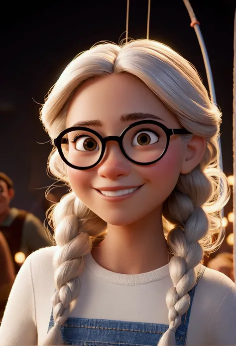 Imagem estilo pixar com 3D personagem branco óculos mulher loira, white, slickedback hair, Dance performed, Disney makeup,fisherman, cute, smiling ,close up, pixar, Disney, cinema lighting,