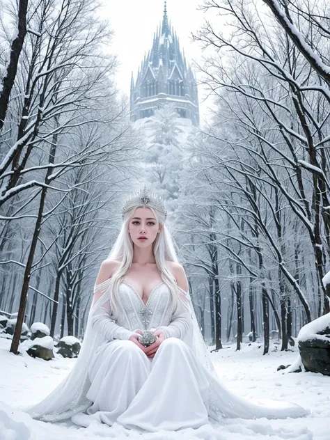 araffes is sitting in the snow with a white dress, goddess of winter, queen of winter, winter princess, white witch, beautiful ancient frost witch, ice queen, dressed in a beautiful white, pale snow white skin, queen of ice and storm, a beautiful AMBER HEA...