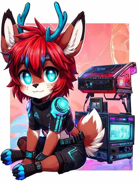 one cute anthro, fluffy red deer boy, (red fur), bright red hair with black highlights, glowing cyan eyes, tecnologycal, android deer, glowing cyan and black lights running over his body, glowing cyan fawn spots, glowing cyan freckles, deer hooves, deer ta...