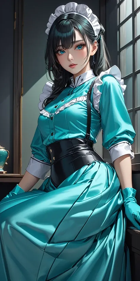 Portraiture、(masterpiece,Highest quality,Ultra-high resolution),Japanese women, (((Very beautiful 25 year old girl))),(Turquoise satin maid outfit)、((Turquoise satin long skirt))、The skirt fits around the thighs、(A long-sleeved turquoise satin shirt that c...