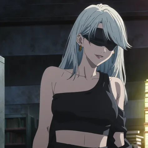 1girl, female gojo satoru, anime screencap from jujutsu kaisen, gojo satoru female version, solo, long_hair, ((wearing black blindfold)) ((White_hair)), night view, (hanging breasts) upper_body, smile, indoors, book, lips, (slightly straight hair) ((wearin...