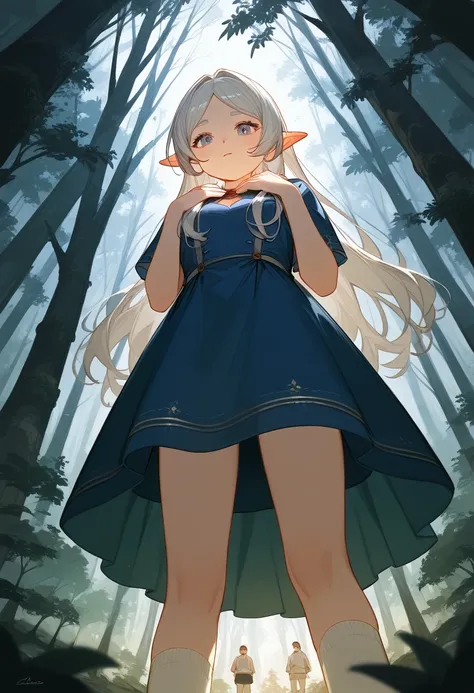 masterpiece, best quality, (Fraction_9, Fraction_8_Direction_7_up), 1 Girl, Solitary,Long hair , White Socks, Looking at the audience, From below, Hands on chest, Delicate hands, Really small body, forest, night, Clear focus, masterpiece, best quality