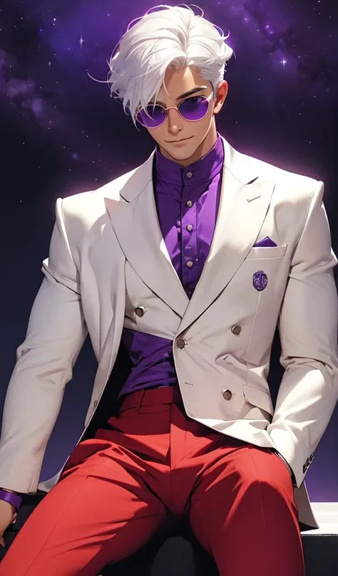 young man,  Handsome, white hair, clear purple eyes, masculine, hairless muscles, red suit, background dark, stars, purple light, Ultra definition, HD,  full color,, open legs, view since down, looking at the camera,  sunglasses, smiling 