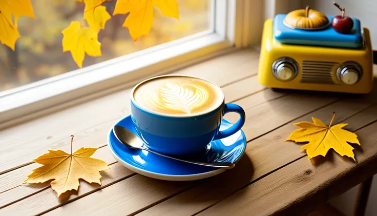 Create a picture of a cozy fall atmosphere featuring a bright blue cup with a latte art design on it, placed on a wooden table. around the cup include autumn elements such as yellow leaves, grapes and apples. Include a vintage radio in the background to en...