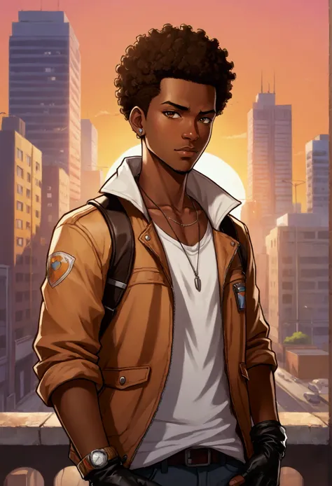 (foco frontal),Anime - style illustration of a man with a brown jacket, white t-shirt and small bandana around his neck, "(best quality,ultra-detalhado),detailed right hand,(Fingerless Gloves, Gloved hands), | | |, male anime character, City background, Su...