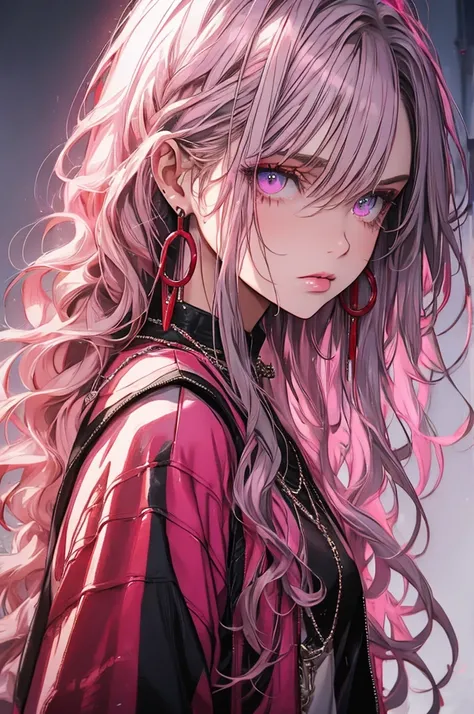 Red Flow, 1 girl, alone, Long Hair, Looking at the audience, Blue Eyes Background, White Background, jewelry, Mouth closed, Jacket, Upper Body, Gray Hair, Earrings, Pink Eyes, necklace, From the side, Oversized T-shirt, lips, eyelash, Compensate, Wavy Hair...