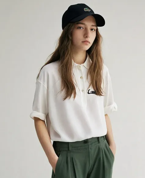 A 19-year-old woman with long hair and a backwards black Lacoste cap,a loose blouse and loose pants and a little line on the eyebrow,of lesbian sexuality , appear full body showing baggy pants and baggy blouse