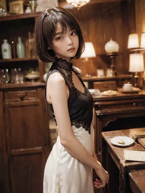 ((((flat chest)))),((1 girl)),((Solitary)),((best quality)), (masterpiece),((high resolution)),beautiful girl,Model,Japanese,(No makeup),Medium to short hair,Brown hair,Perfect body,Antique shop,flat chest,Lace vest dress