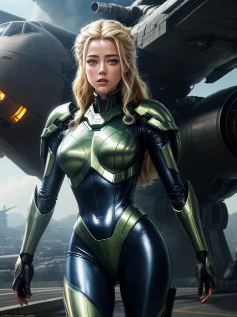 Ultra-HD-details, (lively-looks), photo of AMBER HEARD with pale-green eyes, blonde hair with highlights, perfect pupils, perfect iris, donned in a sleek sci-fi jumpsuit, standing in awe in front of a military mecha against the backdrop of a futuristic han...