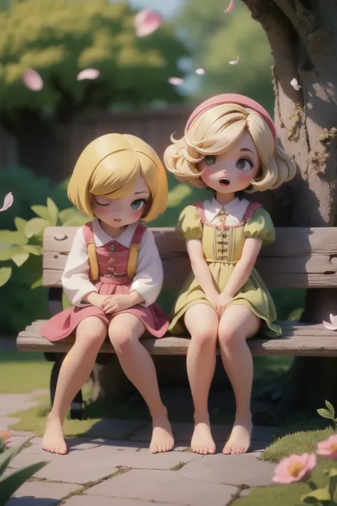 ((2 girls)),cute girl sitting on bench in garden,frilled dirndl,from above,looking up,cobblestone pavement,blonde hair,fine bob cut,(hair over one eye),(dappled sunlight:1.2),blurry,(depth of field:1.1),head tilt,:o,(petals),tree,butterfly, barefoot, no pa...