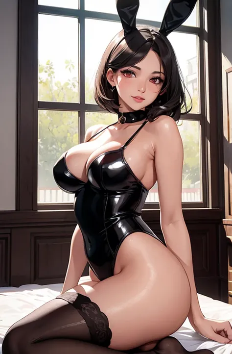 masterpiece, best quality, best lighting, shadows, portrait, perfect anatomy, bitchy, 1 girl, adult anime girl, 21 years old, bunny girl, bunny uniform, allure, erotic, mature features, pretty face, pretty lips, pretty eyes, black short hair, red eyes, sed...