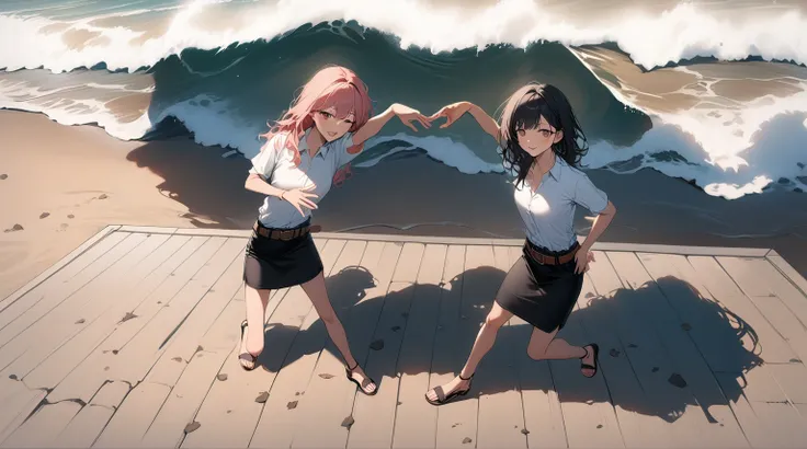 realistic anime illustration of two pretty college girl together on beach s mat, they are making heart with arms, wearing uniform (white short sleeve shirt, collared shirt, black pencil mini skirt with belt, sandals), (2girl, solo, full body), (masterpiece...