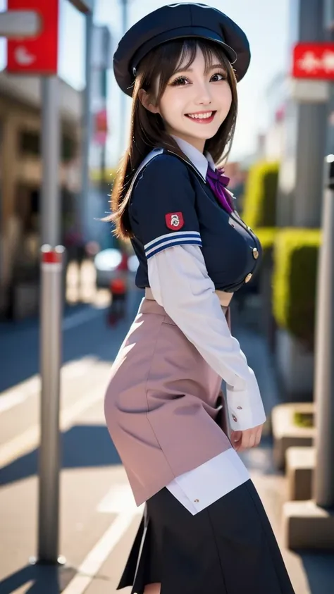 Masterpiece, top quality, very detailed, good anatomy, perfect anatomy, long hair, big breasts, promising smile, dark hair, beautiful face, blush, beautiful eyes, 22 years old, mature, perfect hands , perfect fingers, blush, Japanese stewardess black unifo...