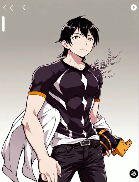 Sero is a tall and lean guy, with messy black hair that falls into his eyes. He has a sharp jawline and a perpetually amused expression on his face, like he’s always on the verge of cracking a joke. He’s wearing a black t-shirt and jeans, with a denim jack...