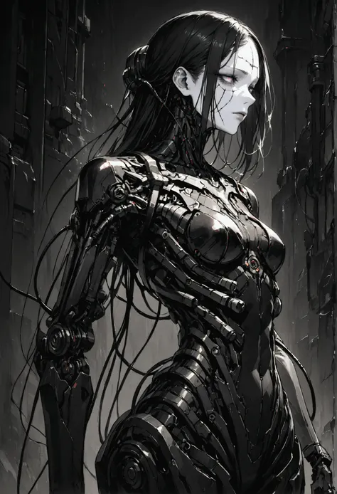 1 cyborg, dark cyberpunk aesthetic, tall and thin, with an upright and threatening posture, covered in black and dark metallic a...