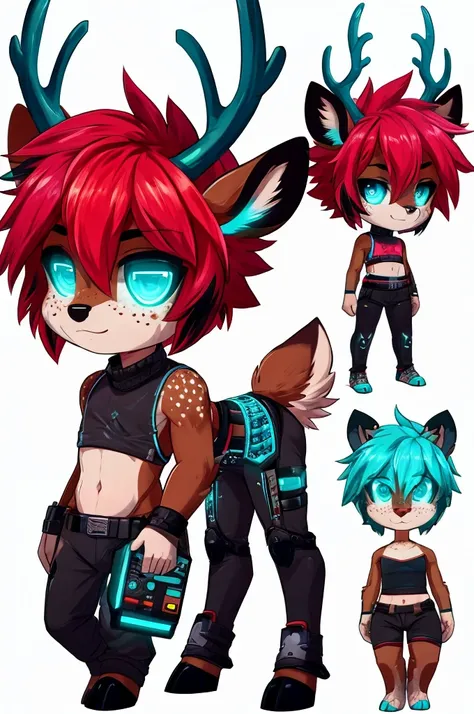 one cute anthro, fluffy red deer boy, (red fur), bright red hair with black highlights, glowing cyan eyes, tecnologycal, android deer, glowing cyan and black lights running over his body, glowing cyan fawn spots, glowing cyan freckles, deer hooves, deer ta...