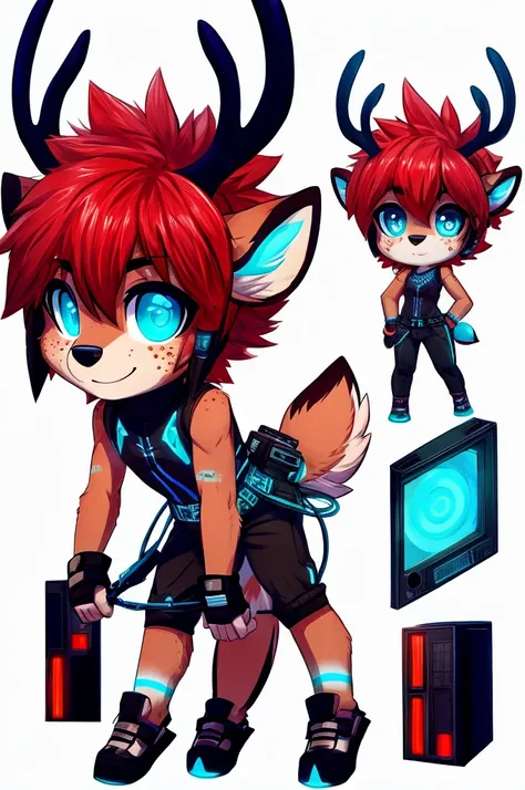 one cute anthro, fluffy red deer boy, (red fur), bright red hair with black highlights, glowing cyan eyes, tecnologycal, android deer, glowing cyan and black lights running over his body, glowing cyan fawn spots, glowing cyan freckles, deer hooves, deer ta...