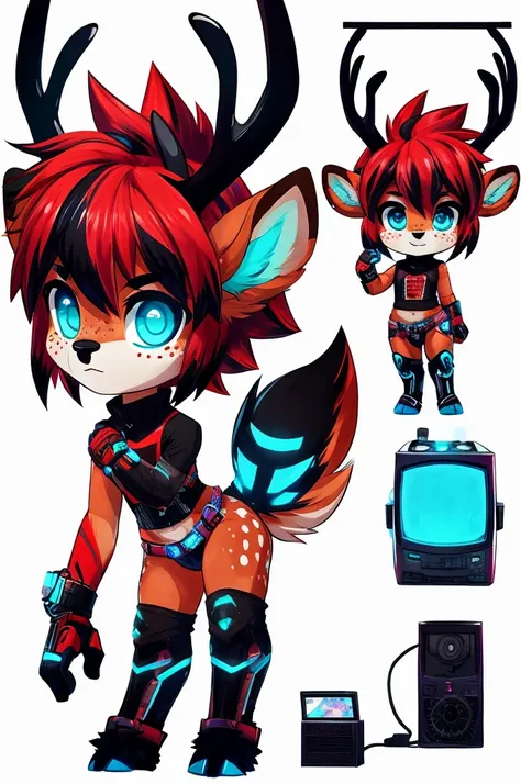 one cute anthro, fluffy red deer boy, (red fur), bright red hair with black highlights, glowing cyan eyes, tecnologycal, android deer, glowing cyan and black lights running over his body, glowing cyan fawn spots, glowing cyan freckles, deer hooves, deer ta...