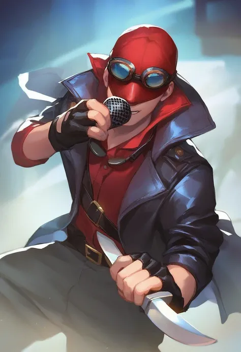 hank, solo, red eyes, gloves, 1boy, holding, male focus, fingerless gloves, mask, knife, goggles, holding knife, microphone, holding microphone, red microphone