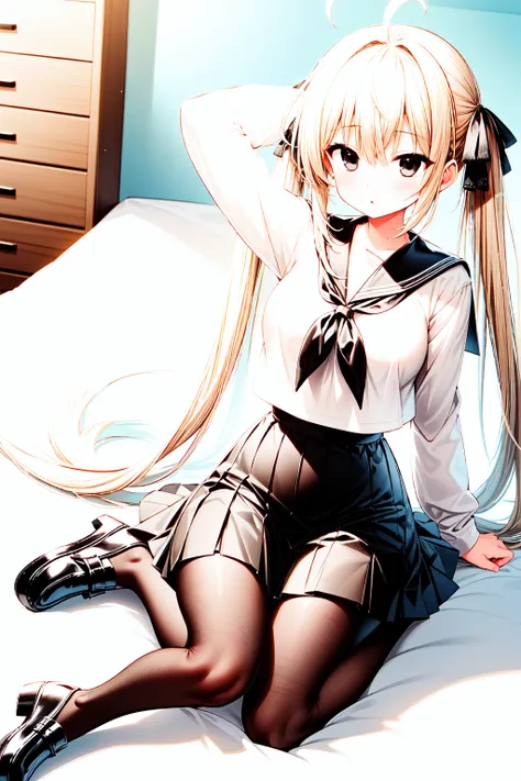 1girl,masterclass,best quality, illustration, solo, sora kasugano, ahoge, (black eyes:1.5), hair between eyes, hair ribbon, long hair, twintails, black ribbon, white hair, dress, long sleeves, white dress, long skirt, black footwear, black pantyhose, grey ...