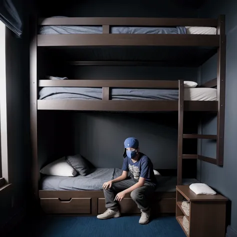 room with several bunk beds placed next to each other, a young man is sitting on one of them, head down, cap, facing the camera... the environment is dark, his face is covered in shadows