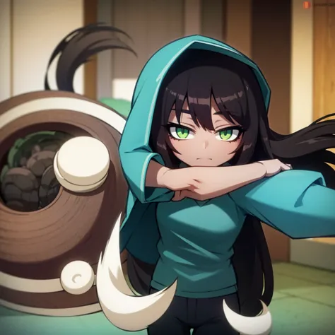 whole body,anime girl,BROWN SKIN,long black hair,with fringe covering the left eye,green eyes,Blue jacket,with white shirt,Black pants,blue shoes 