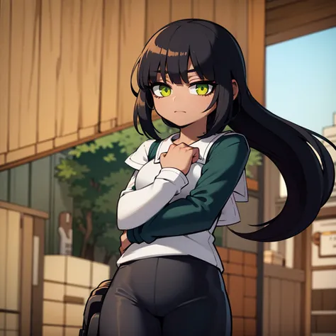 whole body,anime girl,BROWN SKIN,long black hair,with fringe covering the left eye,green eyes,Blue jacket,with white shirt,Black pants,blue shoes 