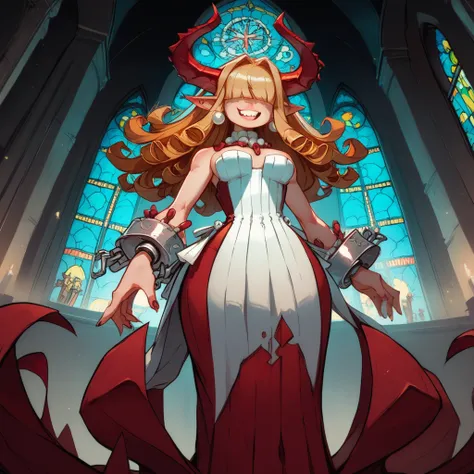 score_9,score_8_up,score_7_up,
Clergyxl,pointy ears,hair over eyes, curly ginger hair big breast,smile,teeth,long hair,hips,
bare shoulders,red strapless dress,pearl earrings,wrist cuffs,wristband,neck brace,
church,underworld, looking down at viewerShe ha...